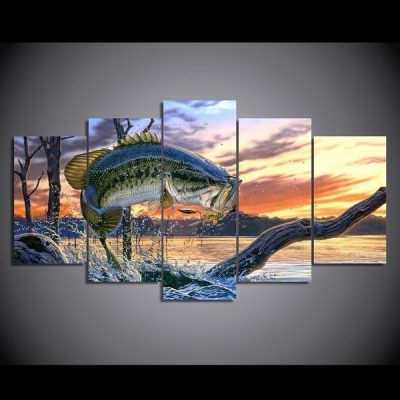 Jumping Bass Fish Fishing Lake River – Abstract 5 Panel Canvas Art Wall Inside Recent The Bassist Wall Art (View 3 of 15)