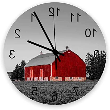Latest Round Gray Disc Metal Wall Art With Regard To Amazon: Wood Round Wall Clock 12 Inch, Rustic Red Farmhouse Wooden (View 11 of 15)