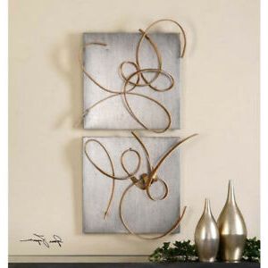 Modern Abstract Gold & Silver Leaf Metal Wall Art Set 2 Decor Plaques Inside Widely Used Antique Silver Metal Wall Art Sculptures (View 14 of 15)