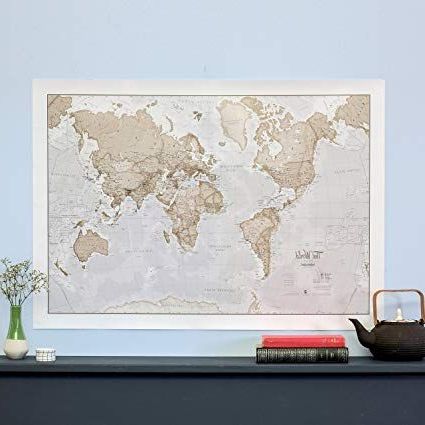 Most Recent Globe Wall Art For Amazon: Large Map Of The World – Silk Art Print World Map – Neutral (View 1 of 15)