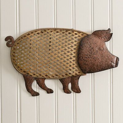 New Rustic Farmhouse Brown Large Rattan Basket Metal Pig Wall Hanging Pertaining To Well Liked Metallic Rugged Wooden Wall Art (View 2 of 15)