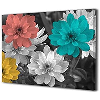 Newest Amazon: C Emily Teal Coral Rustic Modern Floral Wall Art, Daisy Intended For Yellow Bloom Wall Art (View 2 of 15)