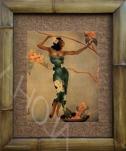 Newest Vintage Hawaiian Hula Dancer Girl Art Prints Green Dress Bamboo Framed For Dancers Wall Art (View 8 of 15)