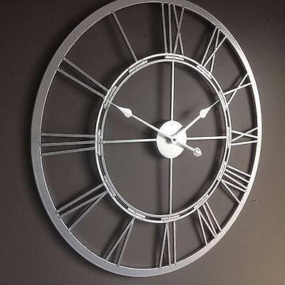 Silver / Chrome Coloured Skeleton Wall Clock,roman Numerals Metal 71 Cm Pertaining To Favorite Round Gray Disc Metal Wall Art (View 8 of 15)