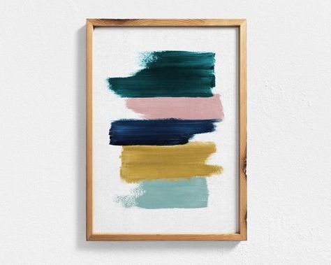Trendy Abstract Painting Featuring Teal, Mustard, Navy Blue And Blush Pink For Brushstrokes Metal Wall Art (View 12 of 15)