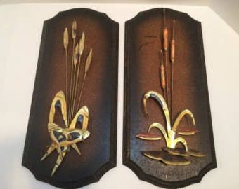 Vintage Cattails And Wheat Stalks Wall Art Plaque Set Brass And Copper With Most Recent Cattails Wall Art (View 1 of 15)