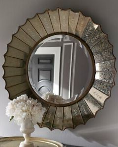 Well Known Antiqued Gold Venetian Etched Sunburst Round Wall Mirror 32" Horchow Throughout Sunburst Mirrored Wall Art (View 10 of 15)