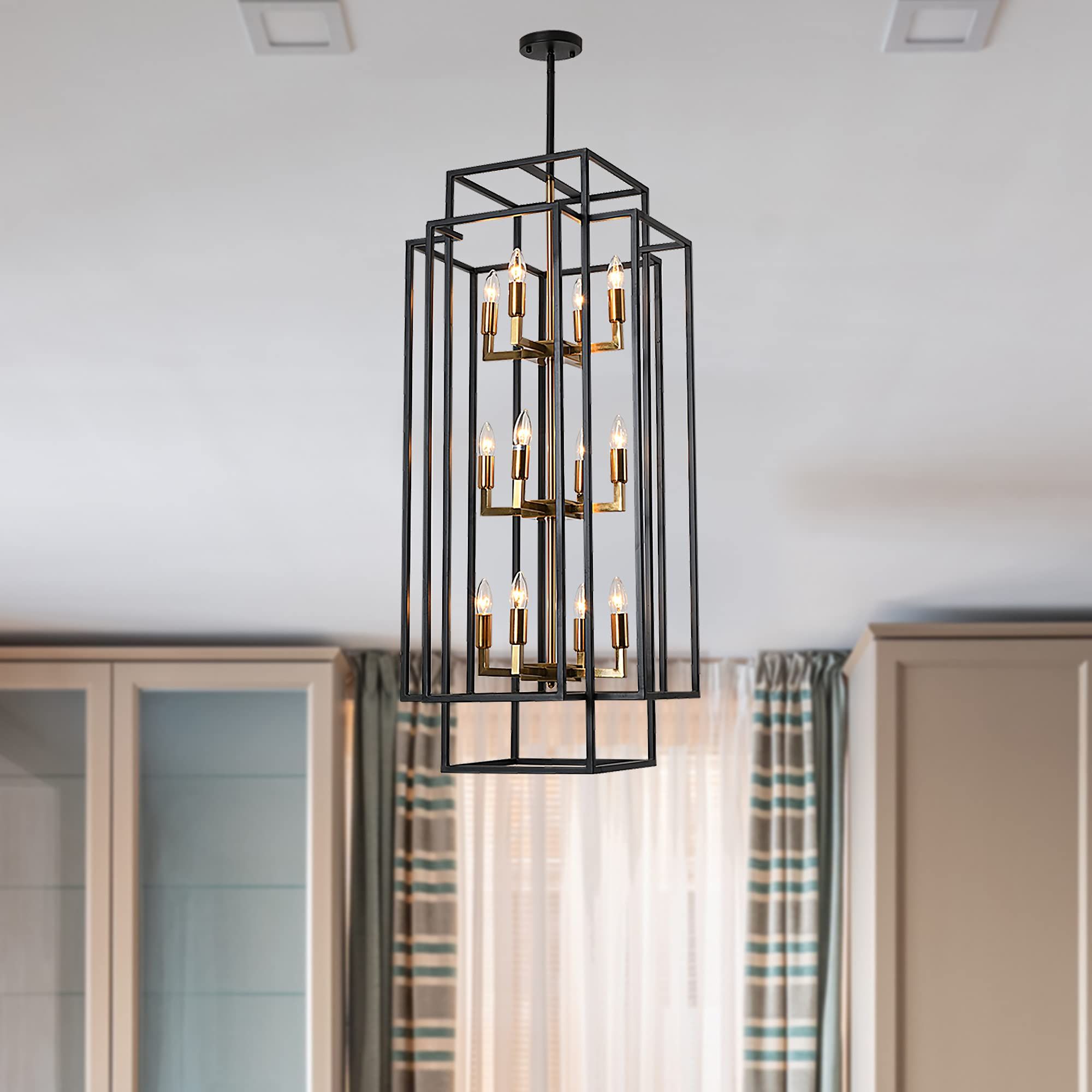 12 Light Lantern Chandeliers Regarding Fashionable J And E Home 12 Light Lantern Tiered Pendant Light Fixtures,island Light,hall  Foyer Hanging Chandelier,wrought Iron Finish For Kitchen Island Farmhouse  Entryway, Black+antique Brass – – Amazon (View 1 of 15)