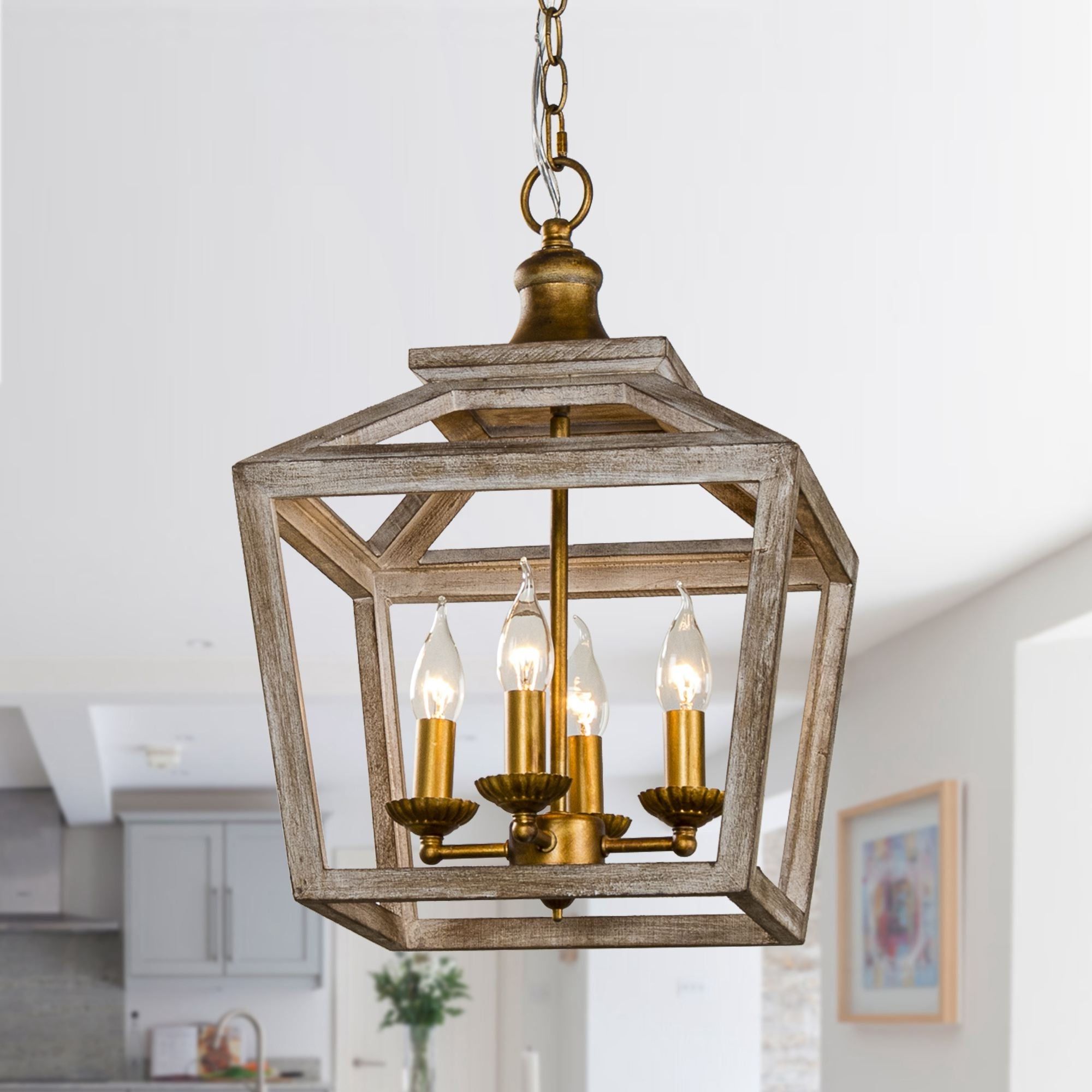 2019 Gold 4 Light Distressed Wood Lantern Pendant Chandelier – On Sale –  Overstock – 35225710 Intended For Distressed Oak Lantern Chandeliers (View 5 of 15)