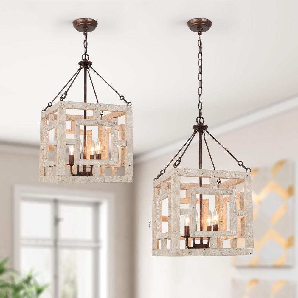 2019 Weathered Driftwood And Gold Lantern Chandeliers With Regard To Lnc Farmhouse Lantern Square Cage Antique White Wood Chandelier 4 Light  Bronze Candlestick Pendant Lamp Window Lattice Shade Qf6zfyhd14143w7 – The  Home Depot (View 9 of 15)