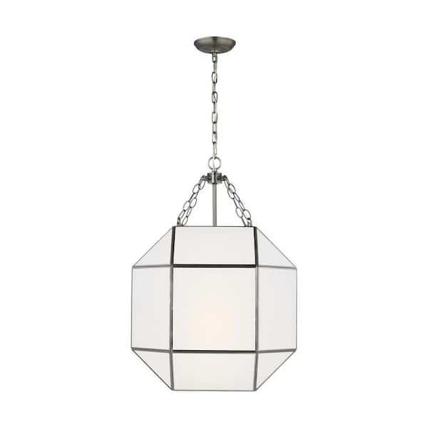 2020 Three Light Lantern Chandeliers Intended For Sea Gull Lighting Morrison 3 Light Antique Brushed Nickel Medium Lantern  Hanging Pendant Light With White Glass Panel 5279453 965 – The Home Depot (View 9 of 15)