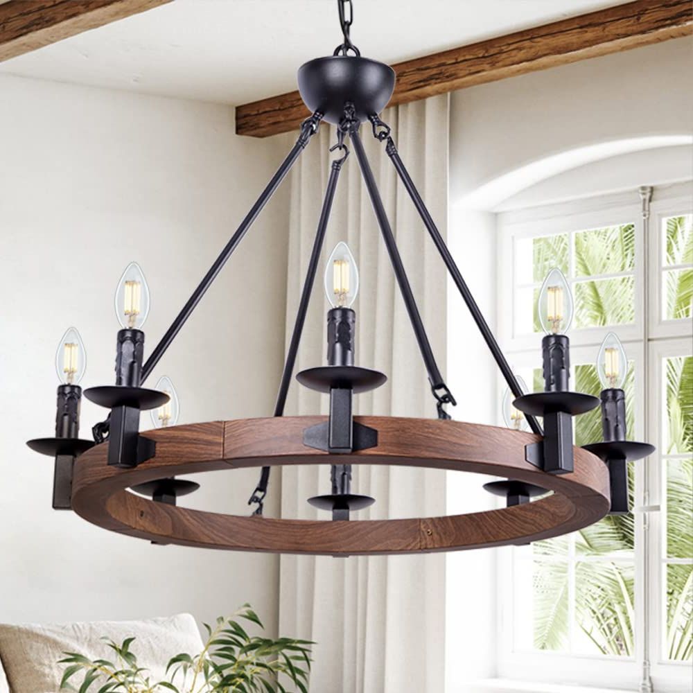 2020 Wellmet 8 Lights Farmhouse Iron Chandeliers For Dining Rooms 28 Inch, Wagon  Wheel Chandelier Candle Style, Rustic Hanging Ceiling Light Fixture Bedroom  Living Room Foyer Hallway, Faux Wood Finish – – Amazon Intended For 28 Inch Lantern Chandeliers (View 11 of 15)