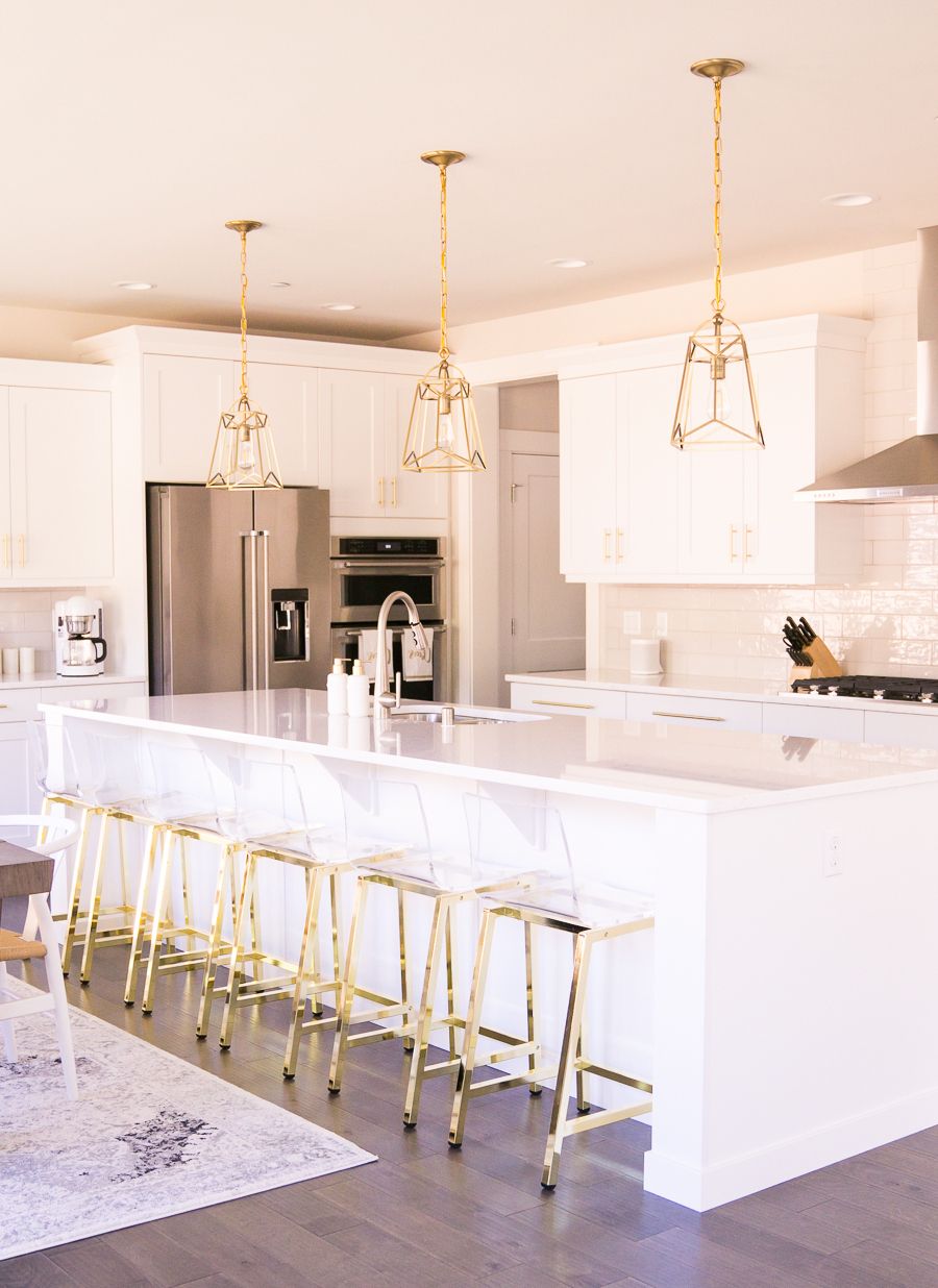 2020 White And Gold Kitchen, Gold Lantern Pendant Lights, Acrylic Bar Stools  With Gold Legs (View 6 of 15)