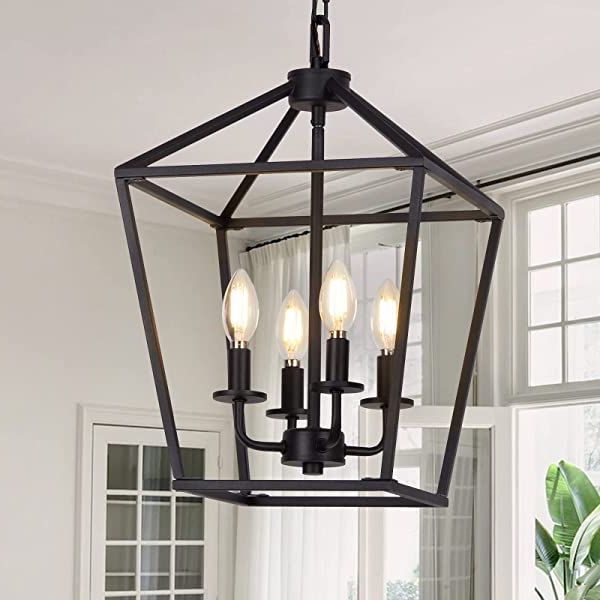23 Inch Lantern Chandeliers Within Newest 4 Light Pendant Lighting, Industrial Ceiling Light Black Lantern Chandelier  With Farmhouse Metal Cage Adjustable Height Rustic Geometric Hanging Light  E12 Base For Kitchen Island, Bedroom Or Entryway – – Amazon (View 9 of 15)