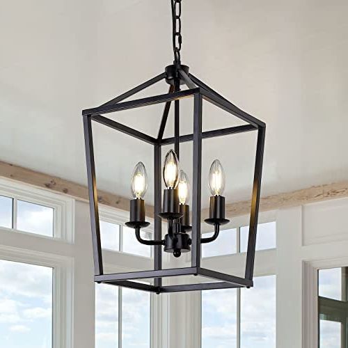 4 Light Black Farmhouse Chandelier Light Fixture Iron Lantern Pendant Light  Metal Cage Kitchen Hanging Light Fixtures For Kitchen Island, Dining Room,  Entryway, Foyer, Hallway – – Amazon Intended For Newest Black Iron Lantern Chandeliers (View 1 of 15)