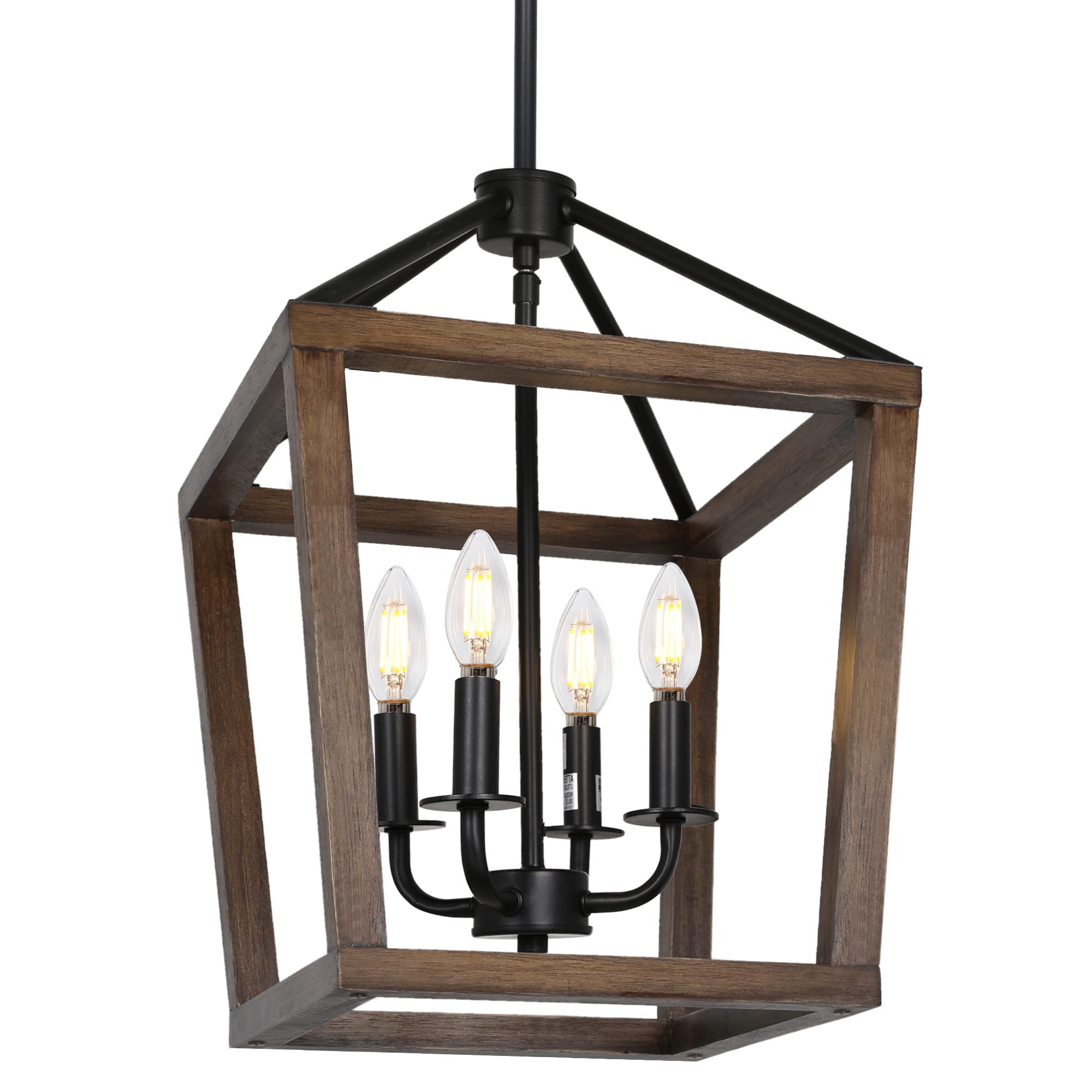 4 Light Rustic Chandelier, Classic Lantern Pendant Light With Oak Wood And  Iron Finish, Farmhouse Lighting Fixtures For Dining Room, Kitchen, Hallway  – – Amazon Pertaining To Popular Distressed Oak Lantern Chandeliers (View 1 of 15)