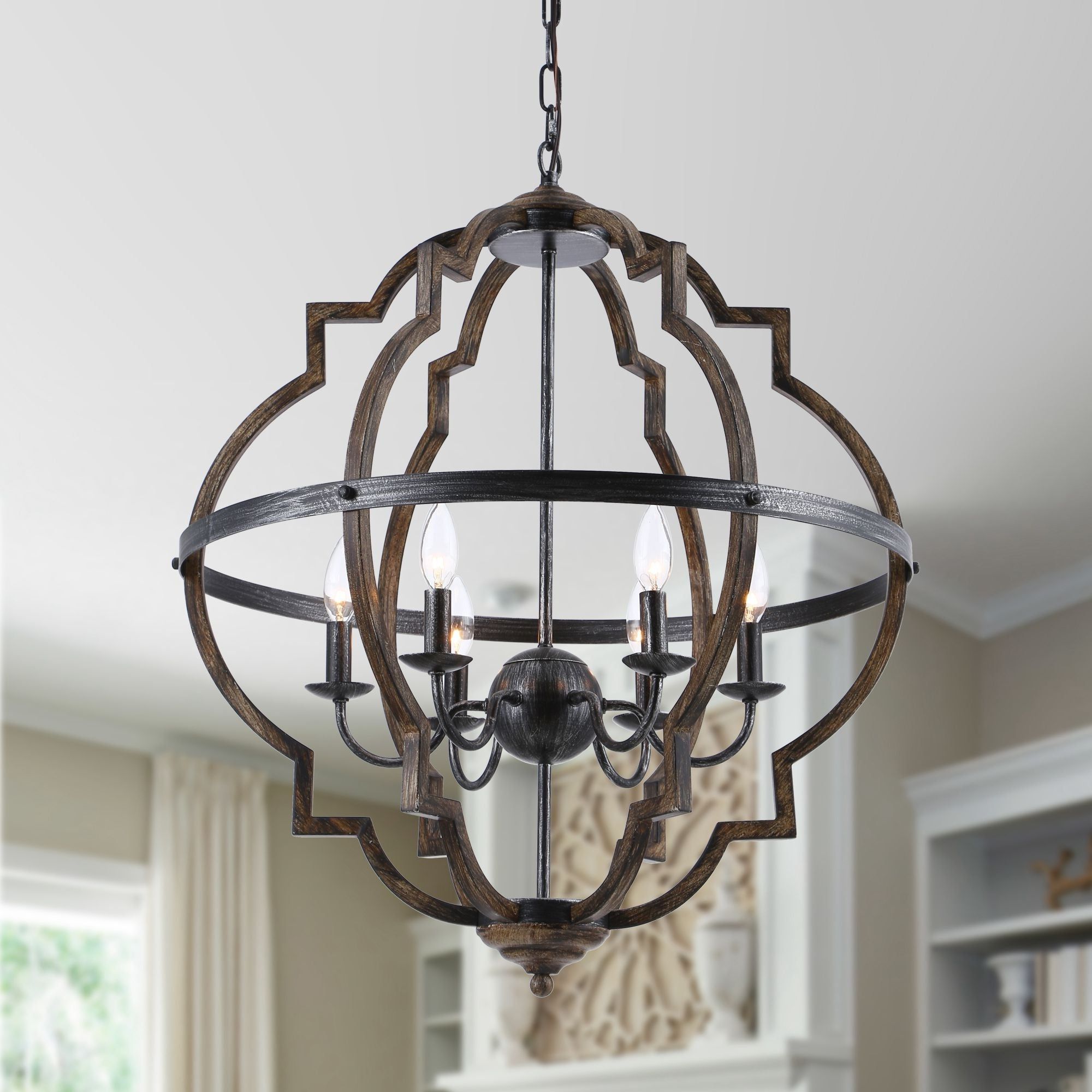 6 Light Distressed Black And Brushed Wood Lantern Geometric Chandelier –  Overstock – 33465791 Pertaining To Most Current Distressed Black Lantern Chandeliers (View 4 of 15)