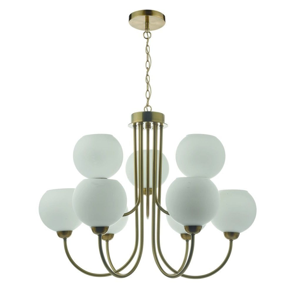 9 Light Natural Brass Chandelier With Opal Glass Globe Shades Within Well Liked Opal Glass Chandeliers (View 12 of 15)