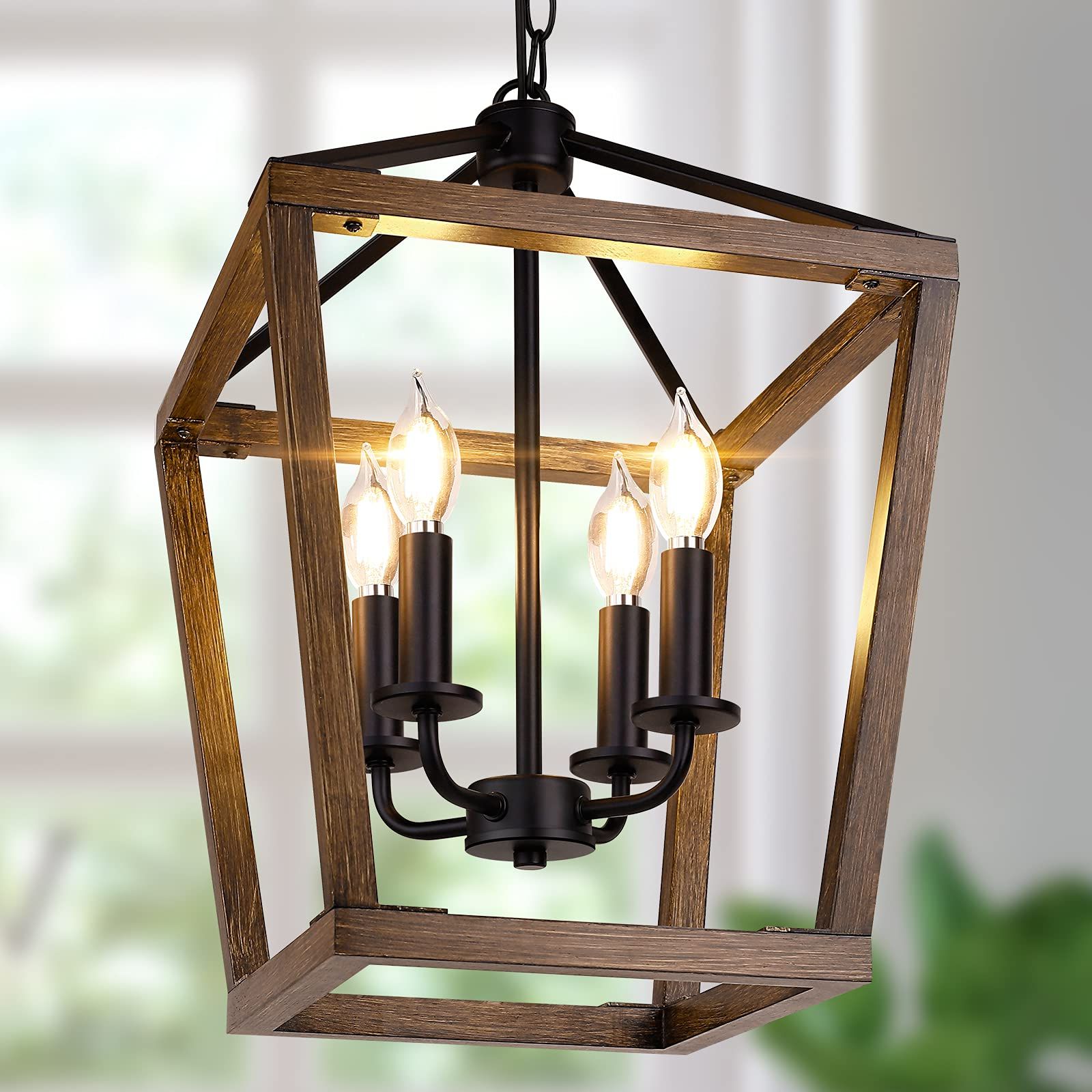 Adjustable Lantern Chandeliers For Popular Farmhouse Chandelier Light Fixture For Kitchen Dining Room, 4 Light Rustic  Pendant Hanging Ceiling Light Height Adjustable In Oak Wood Finish, Cage Lantern  Lighting With E12 Base For Hallway Foyer – – Amazon (View 4 of 15)