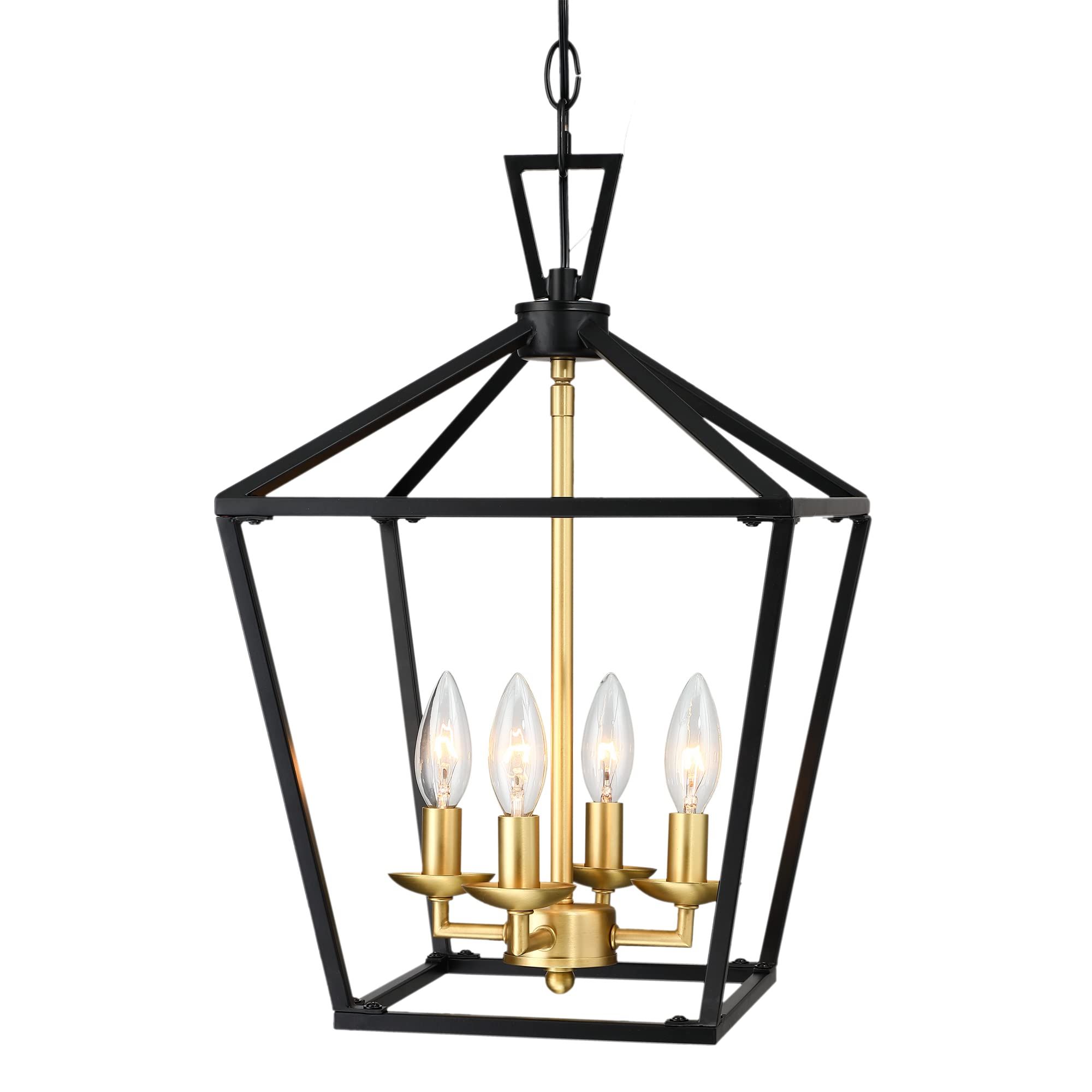 Aged Brass Lantern Chandeliers For Newest Untrammelife 4 Light Lantern Pendant Light Black And Gold Brushed Brass  Kitchen Pendant Light Modern Geometric Chandelier Adjustable Chain Cage  Hanging Pendant Light Fixture For Foyer Dining Room – – Amazon (View 15 of 15)