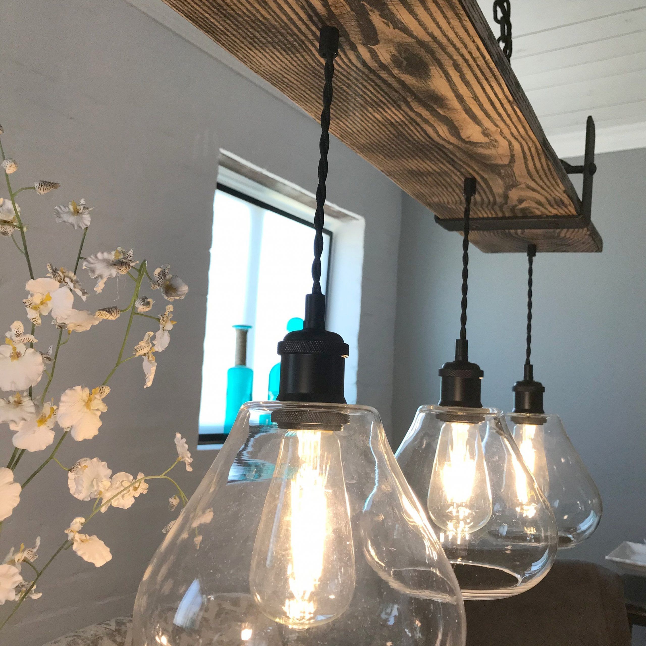 Aged Oak Wood 4 Hanging Light Chandelier With Barnwood Beam – Etsy Intended For Most Popular Distressed Oak Lantern Chandeliers (View 12 of 15)