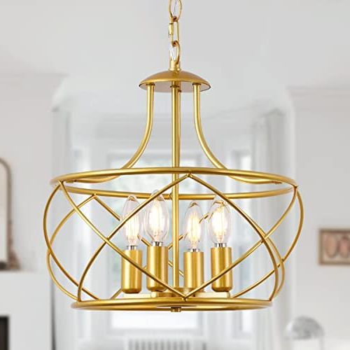 Antique Gold Lantern Chandeliers Throughout Recent 4 Light Gold Lantern Pendant Light,antique Gold Chandelier,modern Drum  Light Fixture Adjustable Height Foyer Light Fixtures Warm Brass Finish For  Dining Room Living Room Foyerbedroom Kitchen – – Amazon (View 1 of 15)
