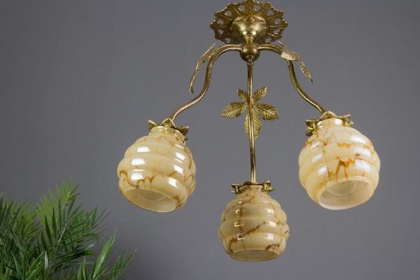 Art Deco Bronze Chestnut And Marbled Glass Three Light Chandelier For Sale  At Pamono With Trendy Chestnut Lantern Chandeliers (View 13 of 15)