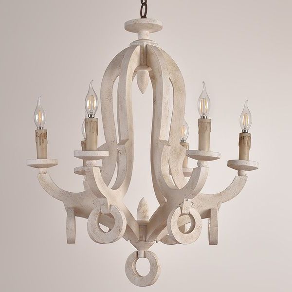 Audrey Cottage Style Distressed White Wooden 6 Light Chandelier With Candle  Shaped Light Homary Regarding Most Recent Cottage Chandeliers (View 14 of 15)