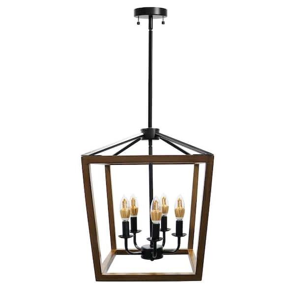 Best And Newest 5 Light Walnut And Black Rustic Classic Lantern Chandelier Pendant Light  With Oak Wood And Iron Ec Clw 6012 – The Home Depot Within Rustic Black Lantern Chandeliers (View 15 of 15)