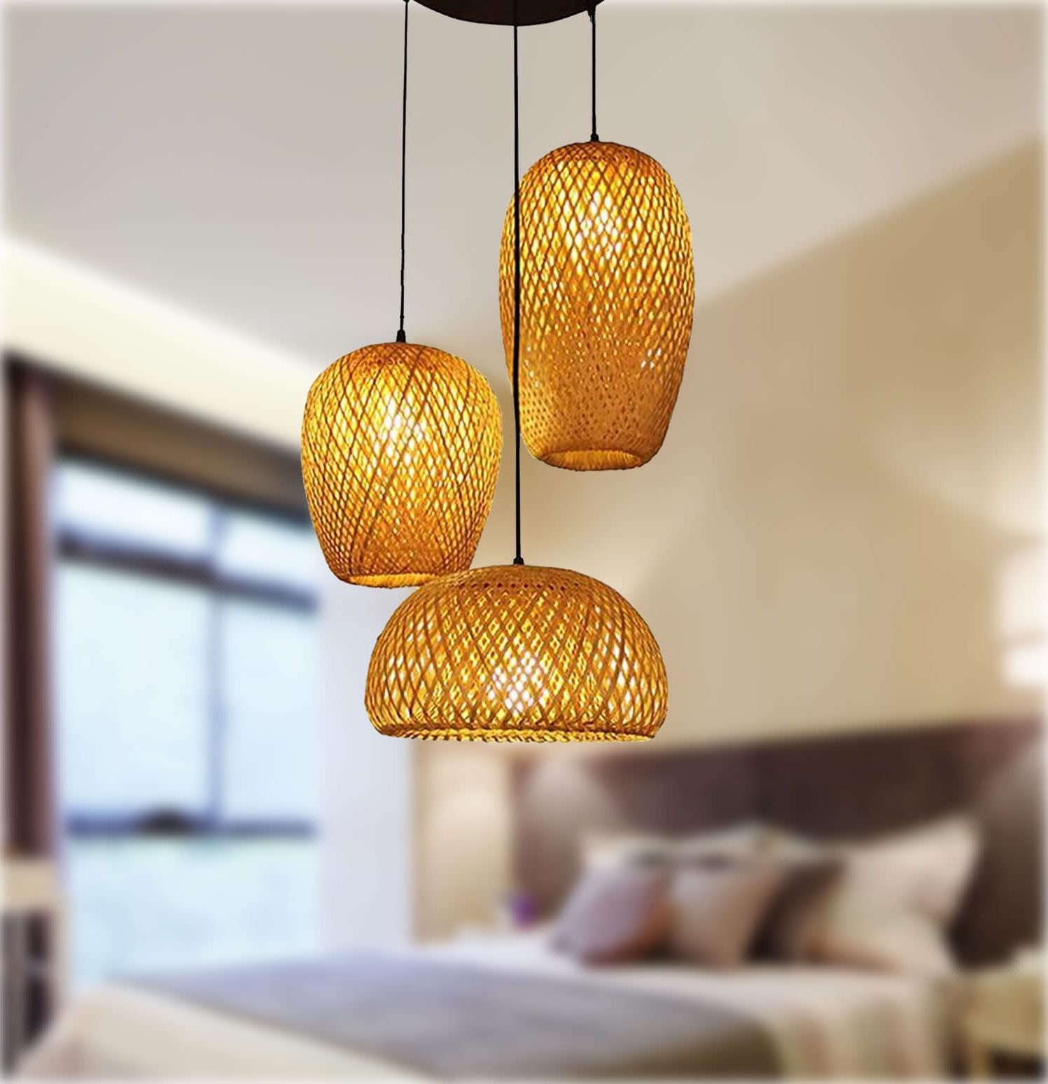 Best And Newest Bamboo Lantern Pendant Lam,bamboo Light Fixture, 3 Headlights Retro Style  E26/e27 Natural Rattan Handmade Woven Pendant Light Chandelier Ceiling  Lighting Fixture Lamp Shade For Living Room Bedroom – – Amazon With Regard To Rattan Lantern Chandeliers (View 7 of 15)