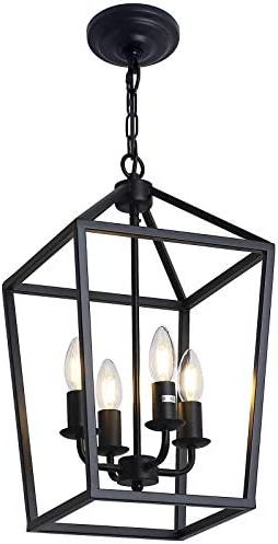 Black Iron Lantern Chandeliers Throughout Latest 4 Light Black Farmhouse Chandelier Iron Lantern Pendant Light Rustic Cage  Hanging Light Fixtures Industrial Foyer Lights For Kitchen Island Dining  Room Hallway Foyer Entryway – – Amazon (View 2 of 15)
