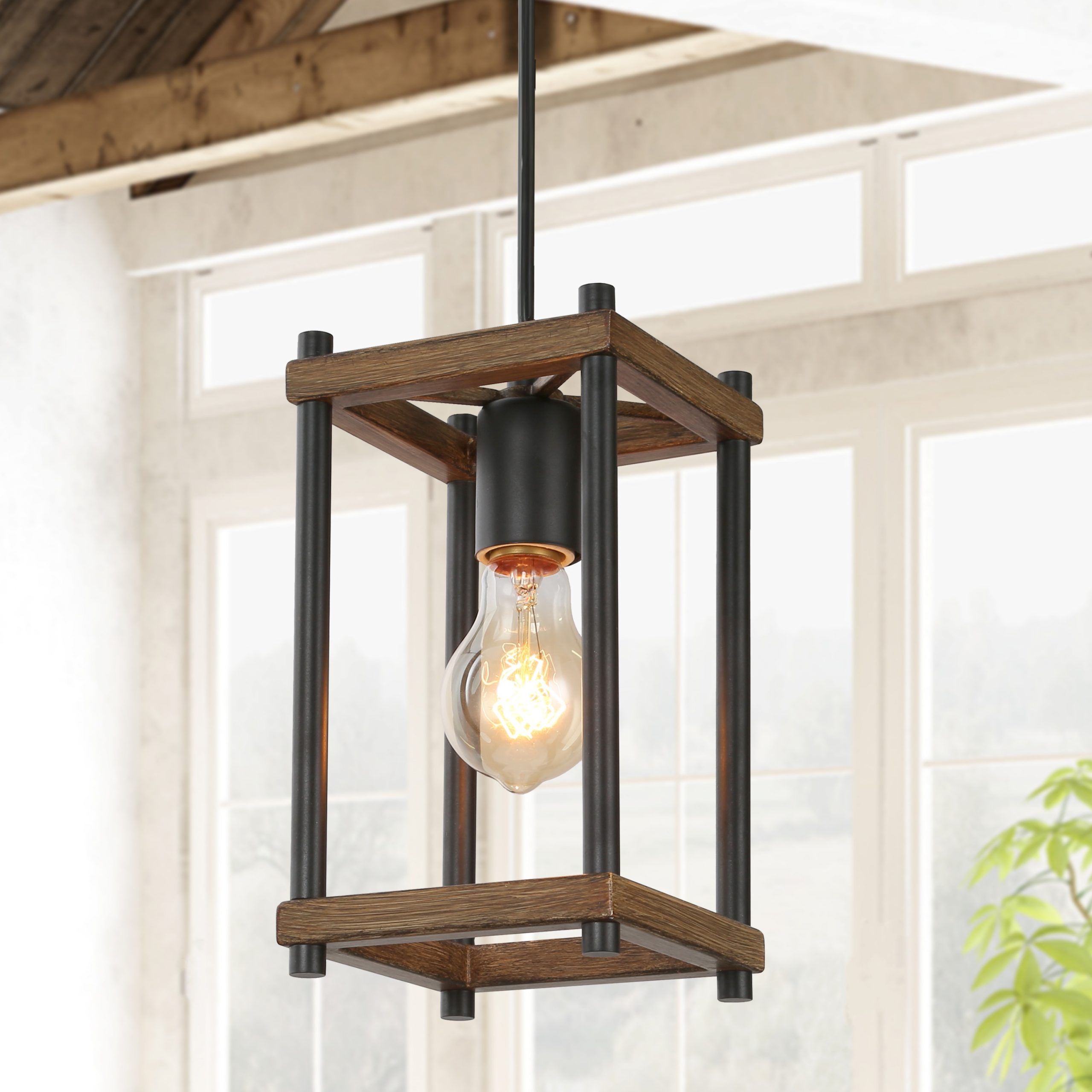 Brown Wood Lantern Chandeliers In Best And Newest Lnc Chet Iii Brown Faux Wood And Matte Black Farmhouse Lantern Led Mini  Kitchen Island Light In The Pendant Lighting Department At Lowes (View 11 of 15)