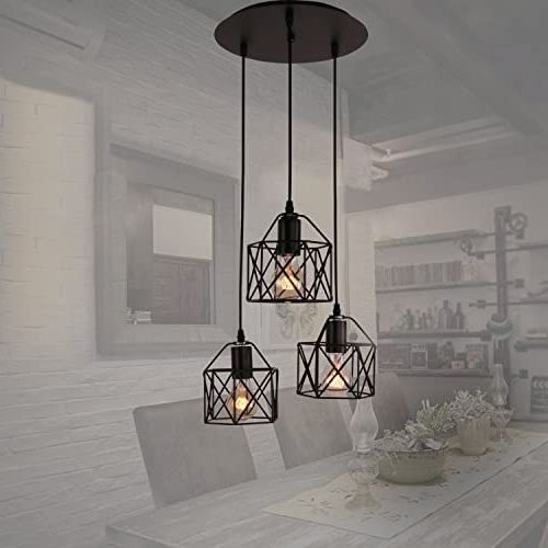 Cage Metal Shade Chandeliers With Regard To Widely Used Unitary Brand Rustic Black Metal Cage Shade Farmhouse Pendant Lighting For  Kitchen Island With 3 E26 Bulb Sockets, Industrial Hanging Lights, Dining  Room Pendant Light Fixture – – Amazon (View 2 of 15)