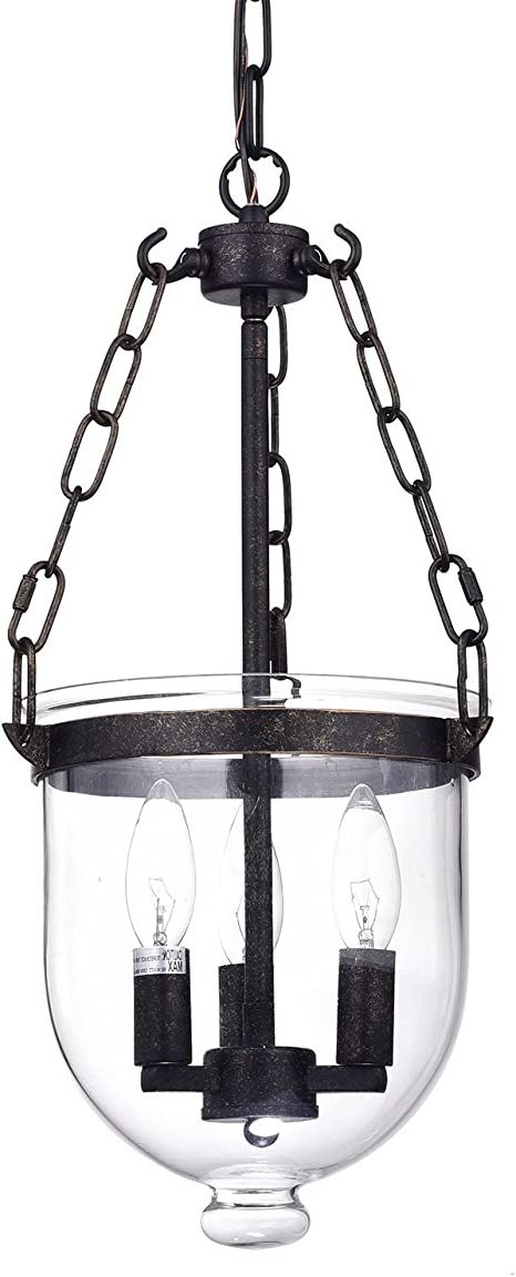 Clear Glass Shade Lantern Chandeliers Within 2019 Edvivi Bell Glass Lantern Pendant Chandelier, 3 Lights Transitional Lighting  Fixture With Antique Bronze Finish, Adjustable Ceiling Light Fixture With Clear  Glass Shade, Entryway, Kitchen Island – – Amazon (View 1 of 15)