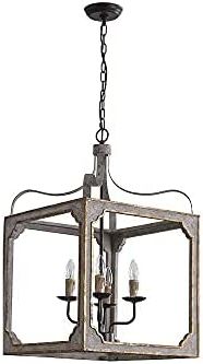 County French Iron Lantern Chandeliers Inside Trendy Jiuzhuo French Country Rustic 4 Light Square Lantern Farmhouse Chandelier  Lighting Hanging Ceiling Fixture Metal And Wood In Antique Gray & Antique  Gold – – Amazon (View 4 of 15)