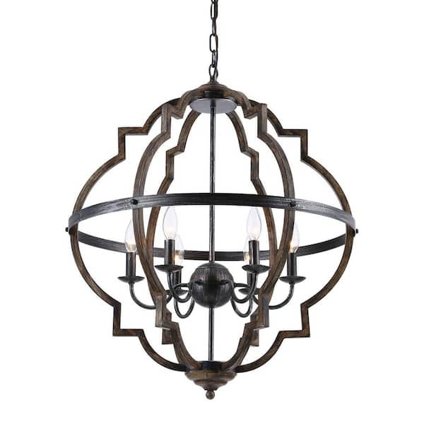 Current Parrot Uncle Cambon 6 Light Distressed Black And Brushed Wood Lantern  Geometric Chandelier D2260 6bz110v – The Home Depot Within Distressed Black Lantern Chandeliers (View 13 of 15)