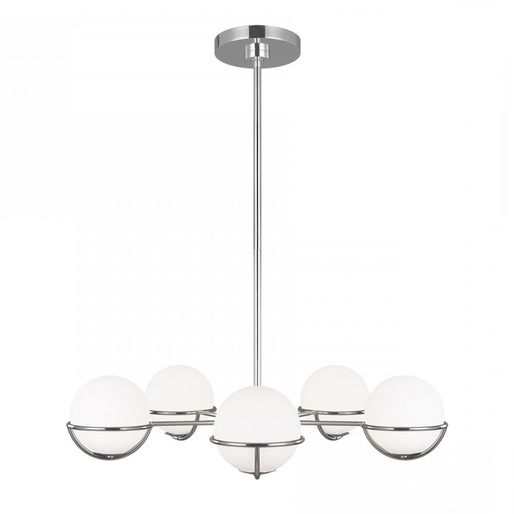 Deco Style 5 Light Chandelier In Polished Nickel With Opal Glass Globes Pertaining To Newest Deco Polished Nickel Lantern Chandeliers (View 13 of 15)