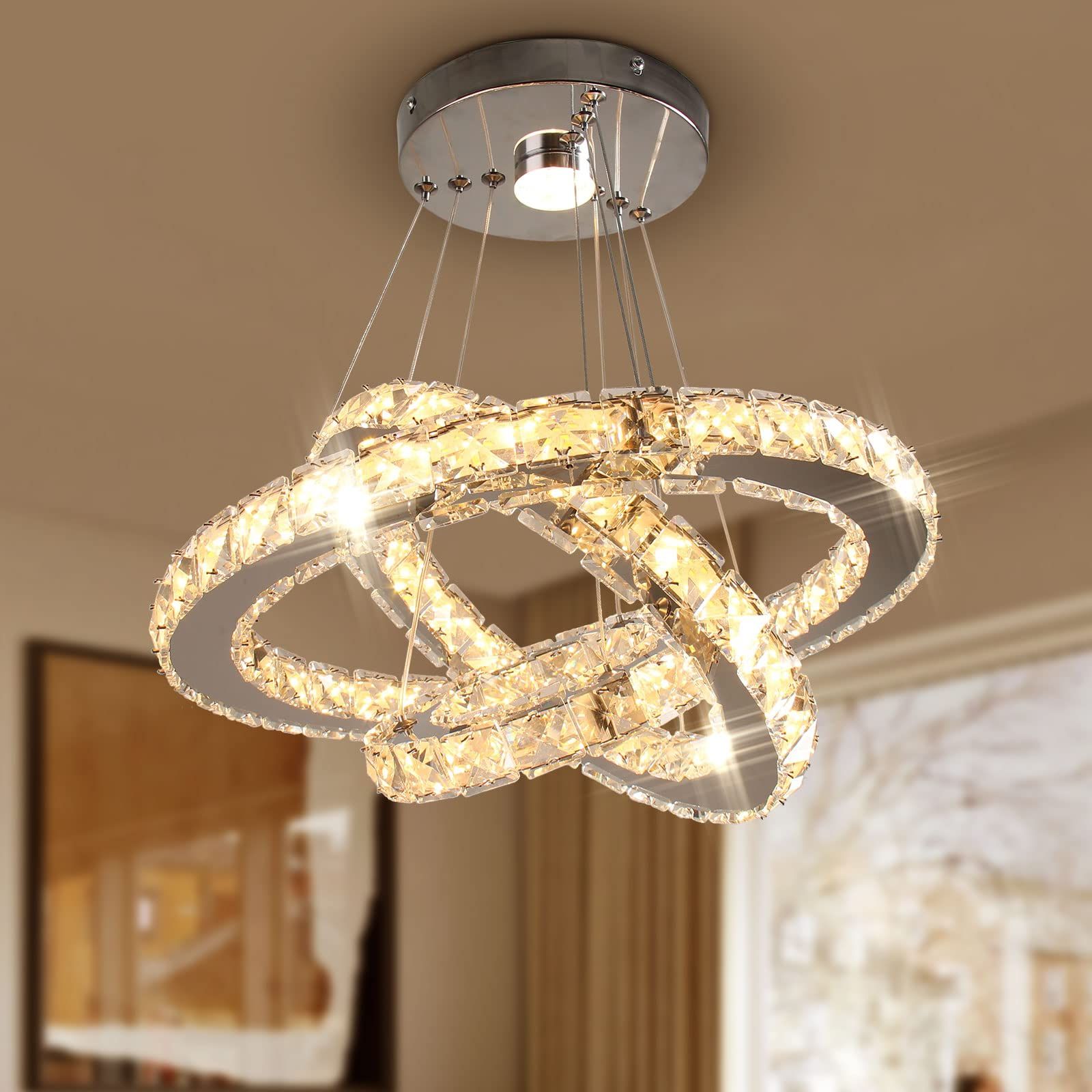 Diisunbihuo Led Chandeliers Modern Crystal 3 Rings Ceiling Lighting Fixture  Adjustable Stainless Steel Pendant Light For Bedroom Living Room Dining  Room(warm White) – – Amazon In Preferred Adjustable Chandeliers (View 3 of 15)