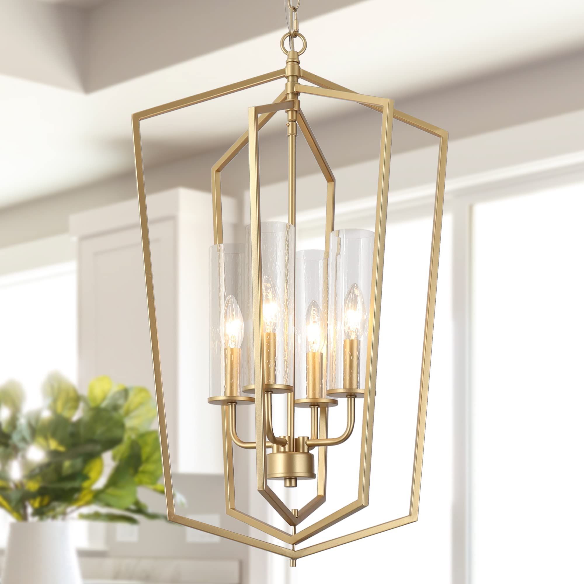 Durent Lighting Modern Gold Chandelier, 4 Light Rotatable Geometric Lantern  Pendant Light Fixture With Seeded Glass Shade For Kitchen Island, Foyer,  Dining Room, Bedroom – – Amazon With Regard To Popular Gild One Light Lantern Chandeliers (View 10 of 15)