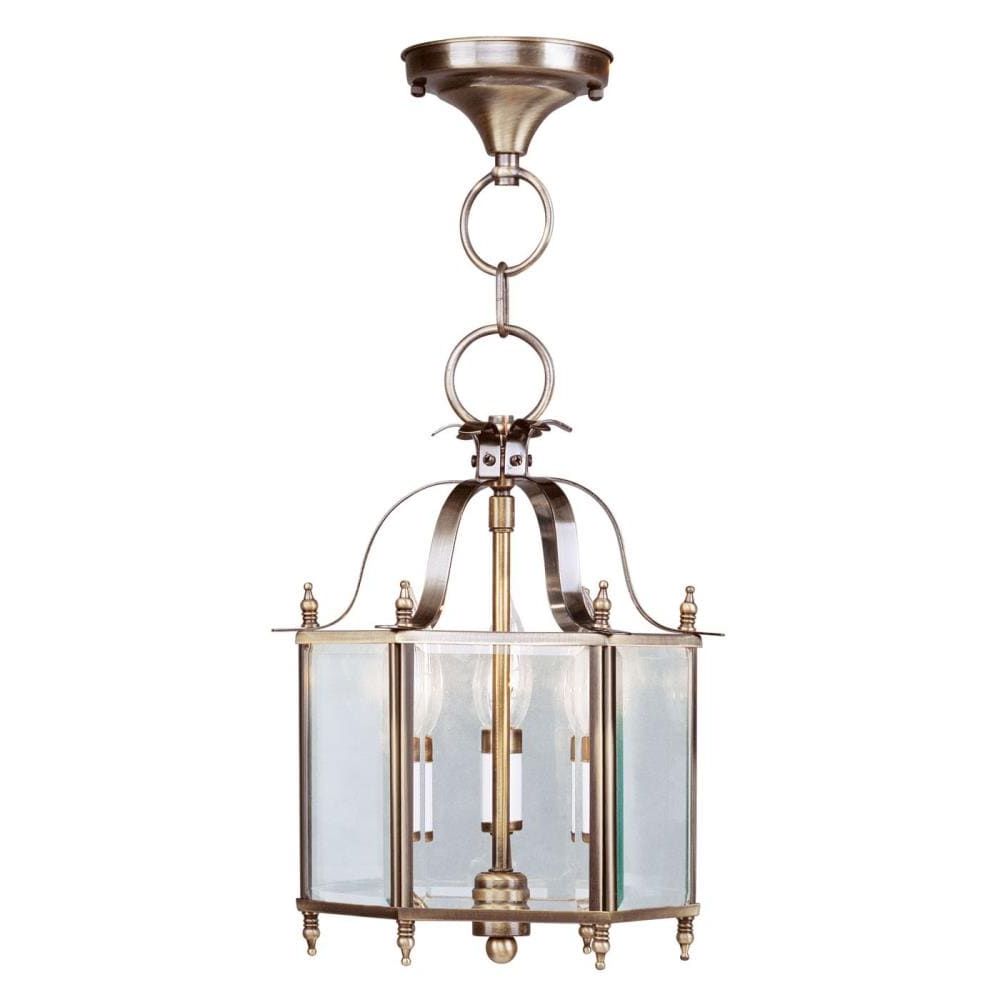 Famous Clear Glass Shade Lantern Chandeliers Regarding Livex Lighting Livingston 3 Light Antique Brass Traditional Clear Glass  Lantern Pendant Light In The Pendant Lighting Department At Lowes (View 14 of 15)