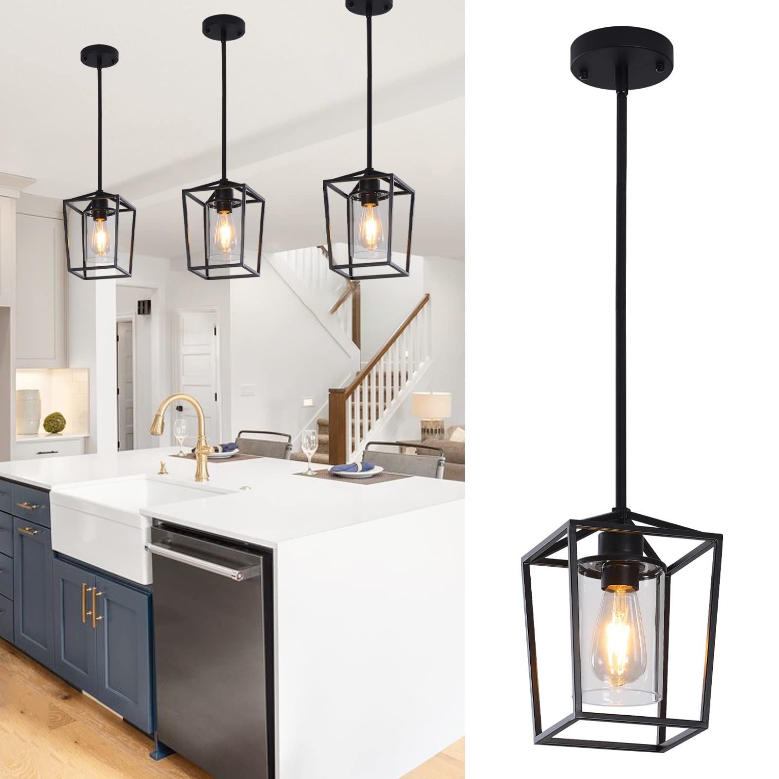 Famous Pendant Lighting For Kitchen Island,black Iron Cage Farmhouse Metal Pendant  Light,adjustable Pole Metal Pole Chandelier With Glass Shade For Kitchen  Dining Entrance Hallway Light Fixtures (1 Light) – – Amazon With Regard To Cage Metal Shade Chandeliers (View 10 of 15)