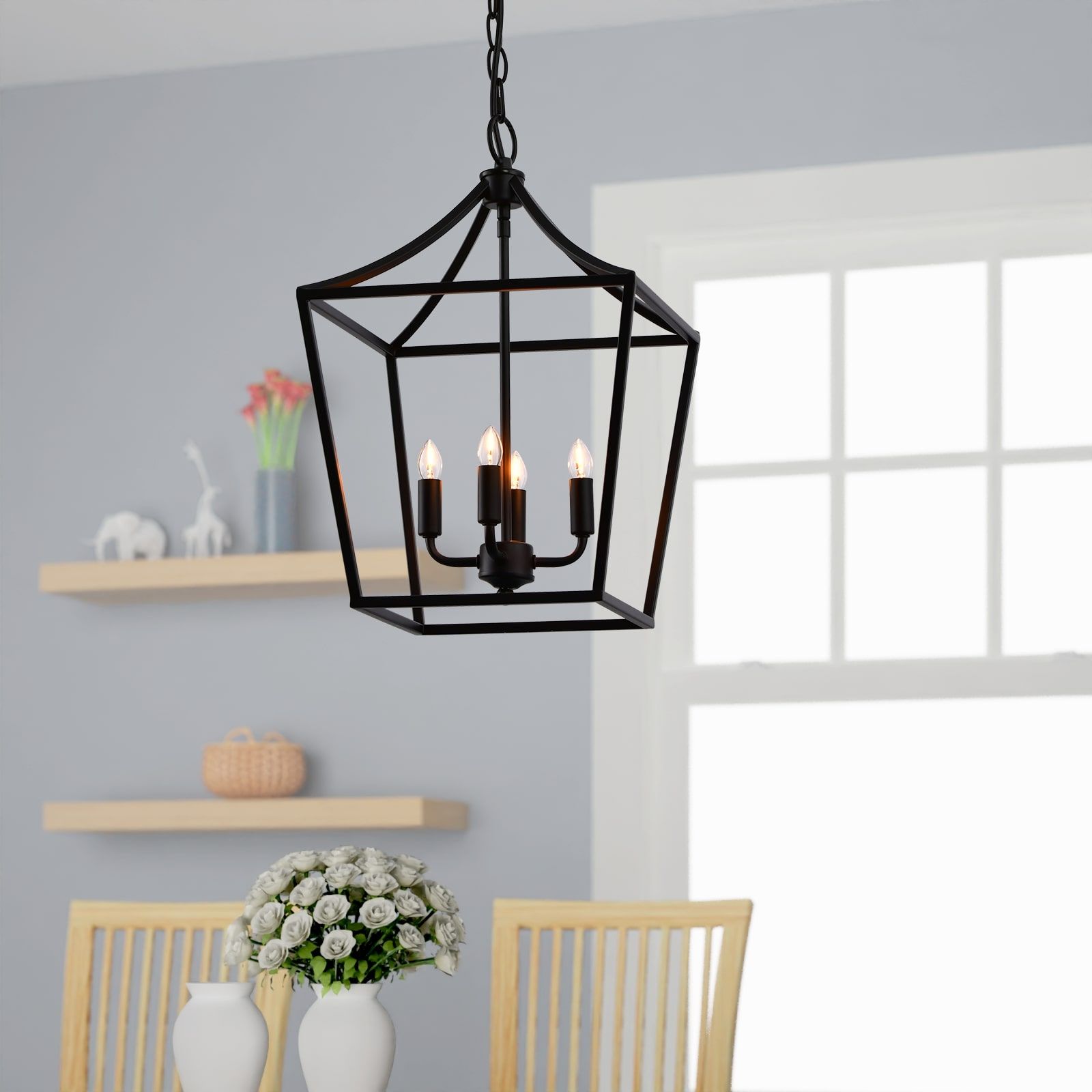 Fashionable Lazzur Lighting Iton 4 Light Matte Black Modern/contemporary Square Pendant  Light In The Pendant Lighting Department At Lowes Pertaining To Four Light Lantern Chandeliers (View 10 of 15)