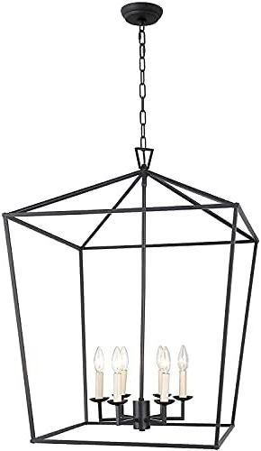 Fashionable W24" X H34" 6 Light Steel Cage Large Lantern Iron Art Design Candle Style Chandelier  Pendant, Foyer,hallway,ceiling Light Fixture Steel Frame Cage (black) – –  Amazon Inside Black Iron Lantern Chandeliers (View 7 of 15)