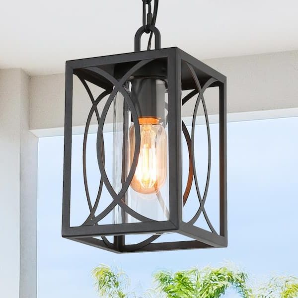 Favorite Clear Glass Shade Lantern Chandeliers Within Uolfin Modern Farmhouse Cage Outdoor Hanging Light 1 Light Black Lantern  Outdoor Pendant Light With Clear Glass Shade F7b63uhd24360aa – The Home  Depot (View 5 of 15)