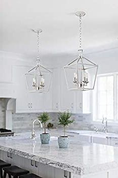 Favorite Deco Polished Nickel Lantern Chandeliers Inside Motini 4 Light Silver Lantern Pendant Light Polished Nickel Finish Hanging  Light Fixture Geometric Chandelier With Adjustable Chain Metal Cage Pendant  Lighting For Kitchen Island Dining Room Foyer – – Amazon (View 4 of 15)