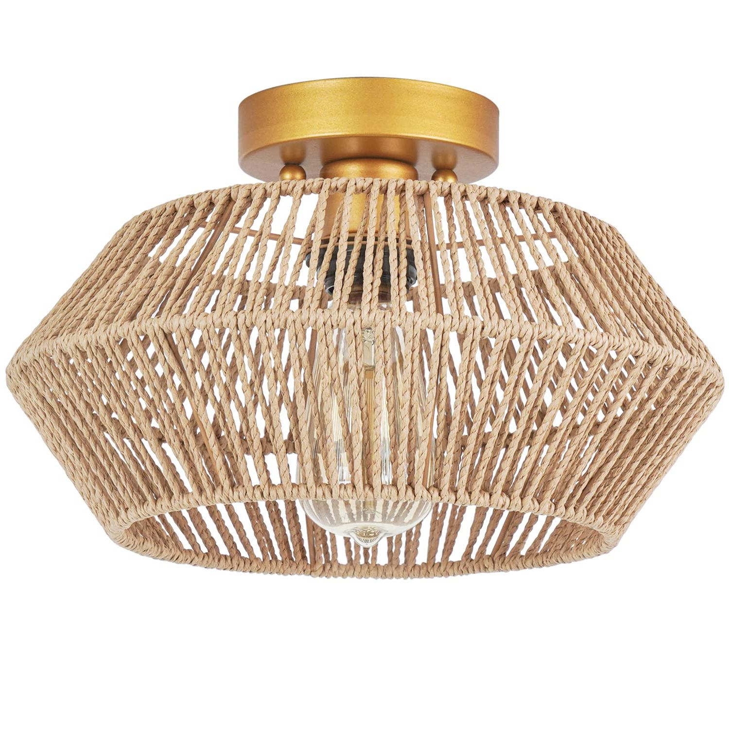 Favorite Viluxy Woven Rattan Light Fixtures Ceiling Mount, Hand Worked Cage Shade  Natural Mini Chandelier Antique Brass Brush Paint Finish For Bedroom,  Corridor, Hallway, Entryway, Study Room – – Amazon Within Natural Brass Foyer Lantern Chandeliers (View 13 of 15)