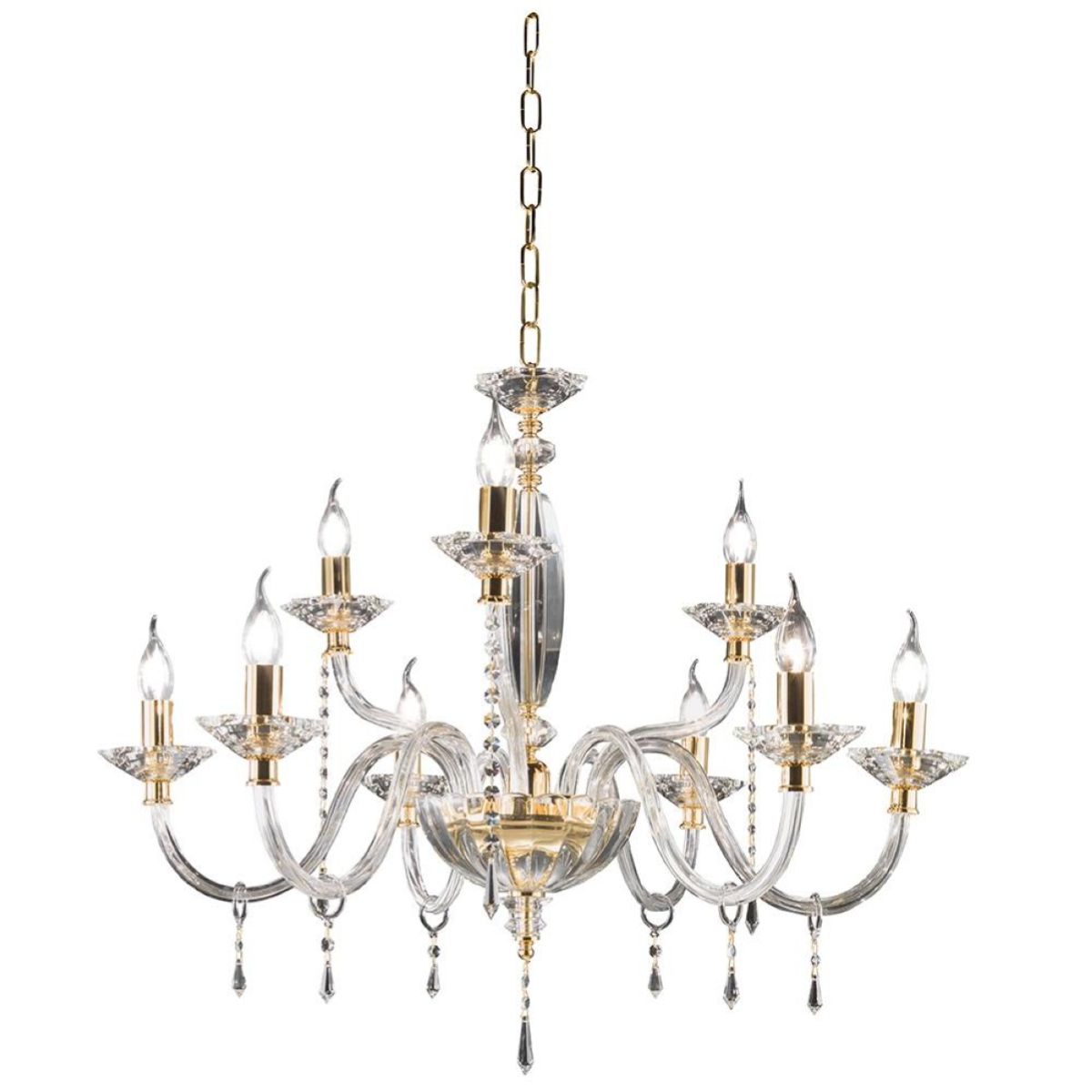 Fiamma Crystal And Clear Glass Chandelier With 9 Lights Gold Finish Inside Most Recent Transparent Glass Chandeliers (View 6 of 15)