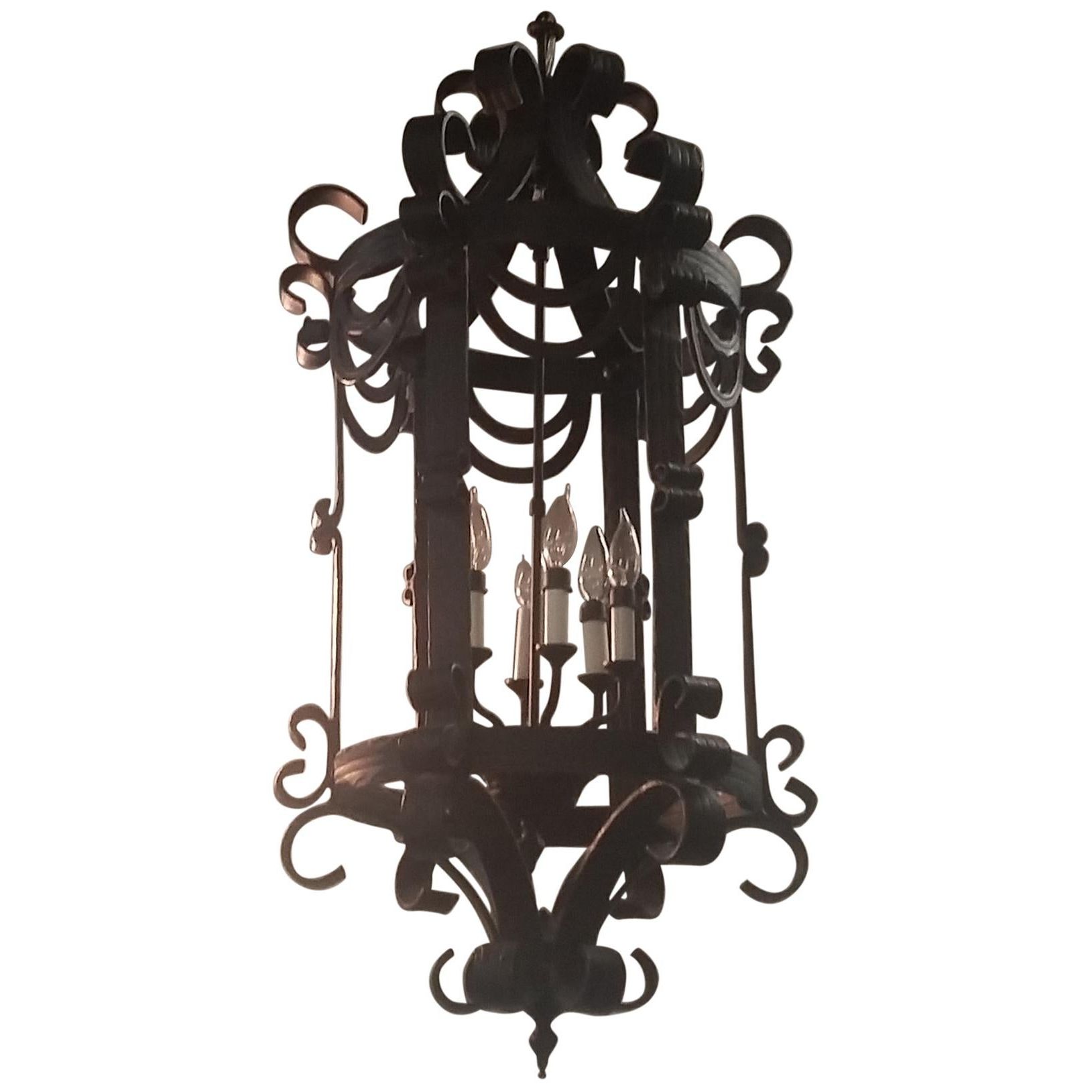 Forged Iron Lantern Chandeliers Regarding Well Known Classic Gothic Scroll Lantern Ribbon Style Wrought Iron Chandelier Hand  Forged For Sale At 1stdibs (View 5 of 15)