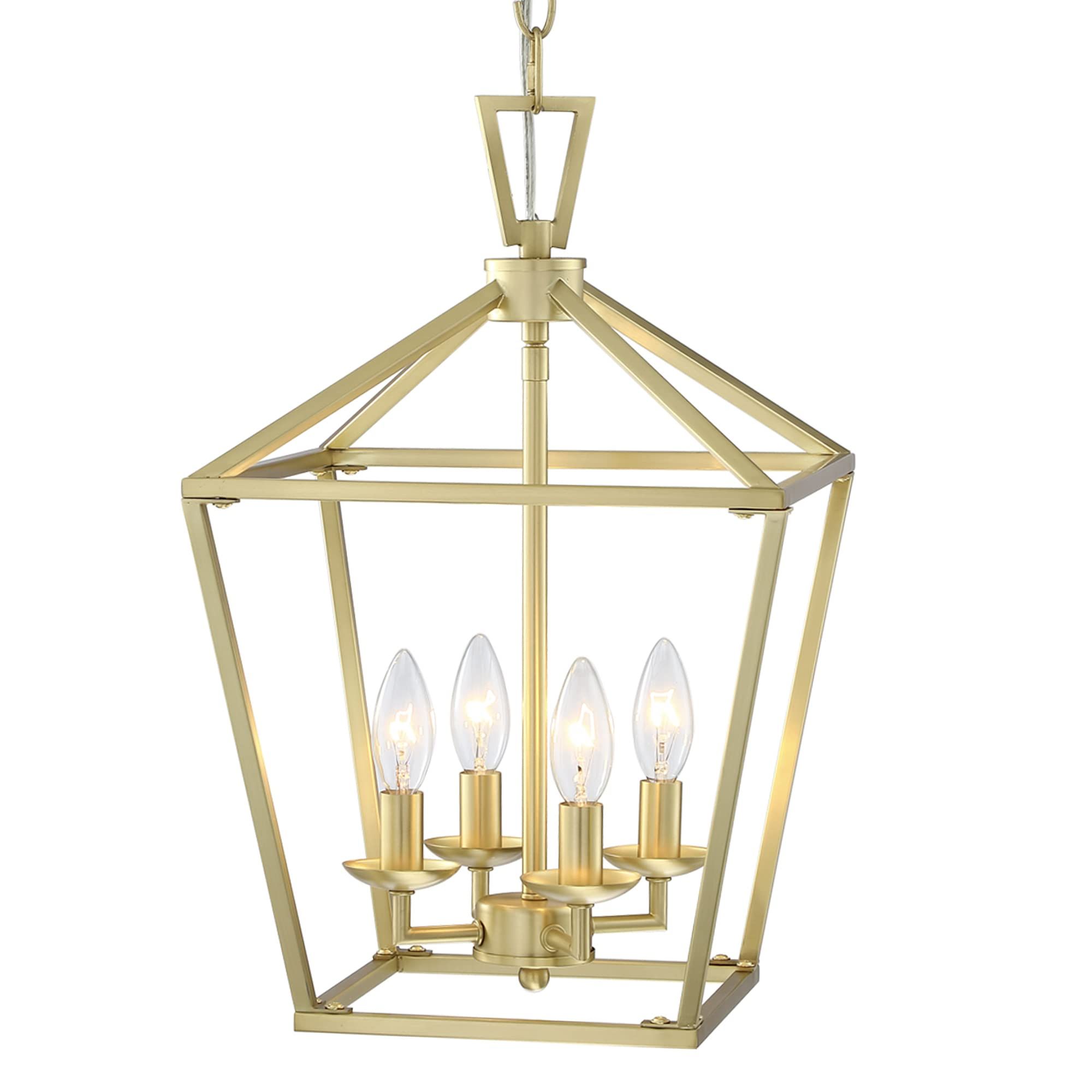 Gilded Gold Lantern Chandeliers With Preferred Untrammelife Gold Lantern Chandelier 4 Light Pendant Light Modern Hanging Pendant  Light Fixtures In Brushed Brass Finish, Adjustable Metal Chain Geometric  Chandelier For Kitchen Island Stair Foyer – – Amazon (View 7 of 15)