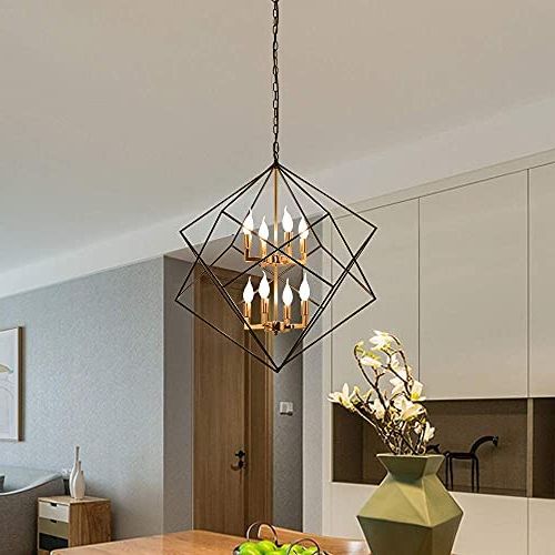 J&e Home 8 Light Chandelier Lantern Pendant Lighting Rhombic Geometric  Chandelier Hall/foyer Hanging Modern Tiers Lighting Fixture Black+gold  Color,wrought Iron Finish – – Amazon Intended For Current Eight Light Lantern Chandeliers (View 9 of 15)